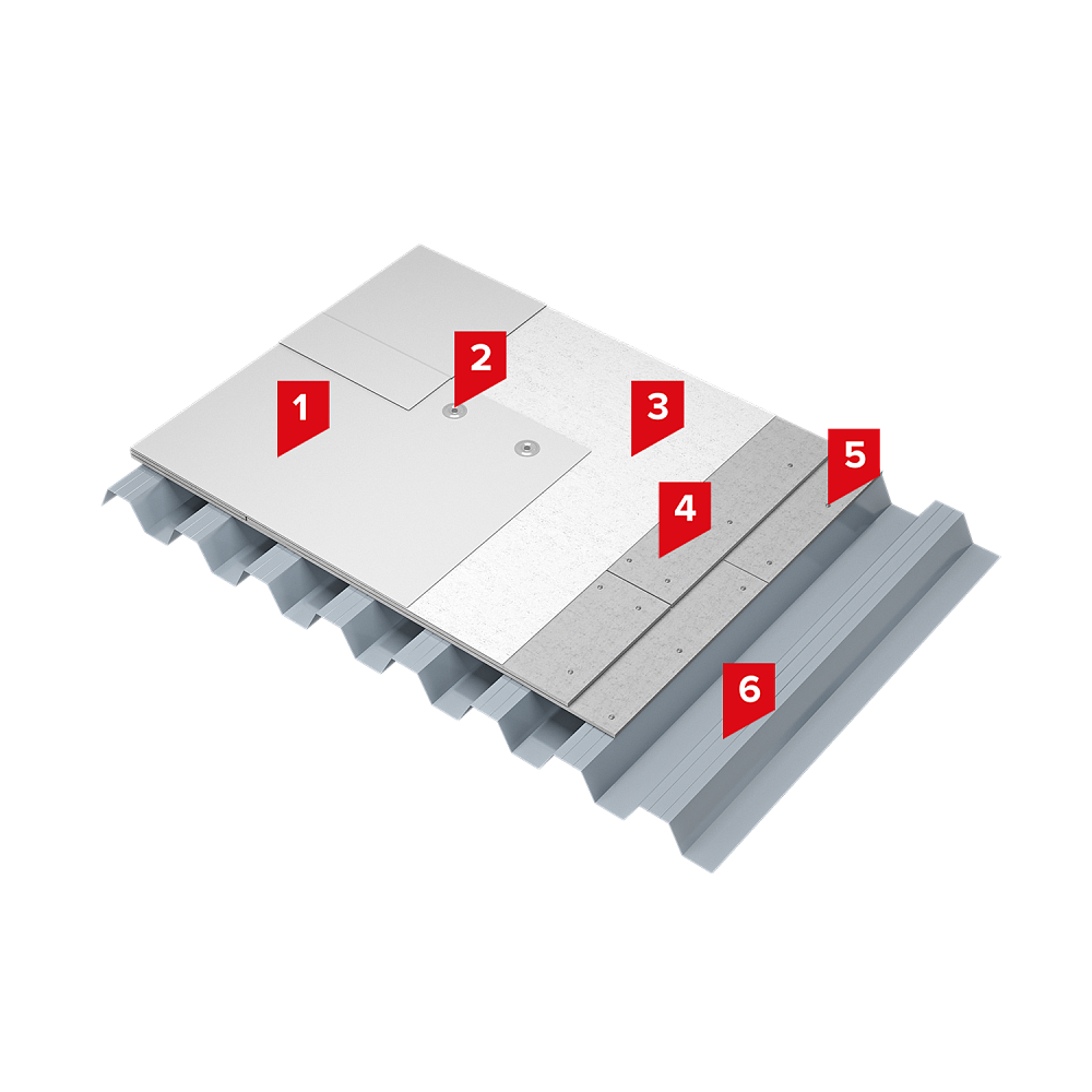 Solution for non-accessible roof system without thermal insulation on a corrugated steel sheet base with mechanical fastening of PVC membrane